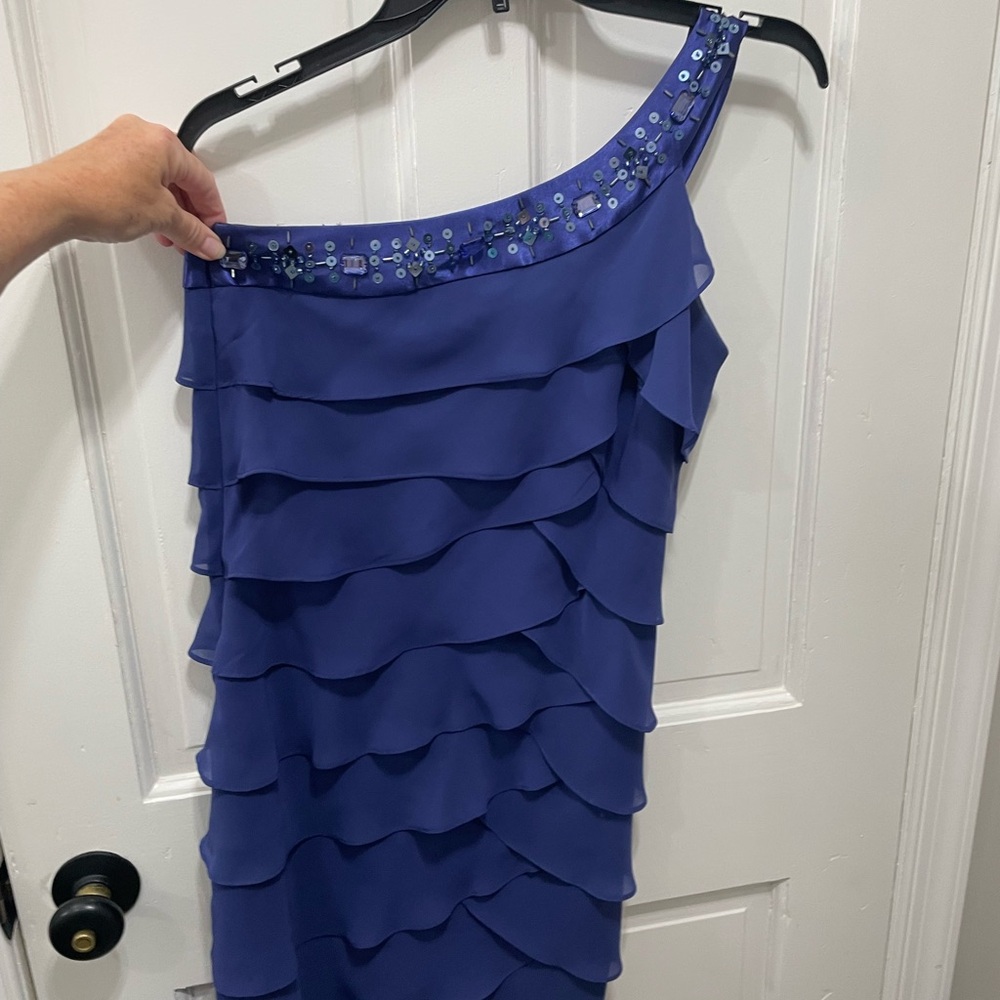 Dressbarn One-Shoulder Dress with Embellished Neckline in Royal Blue